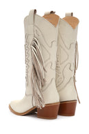 Women's Cream Thick Heeled Leather Cowboy Boots | Derimod
