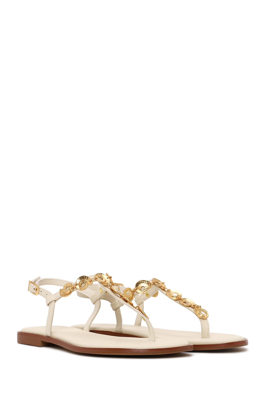 Women's White Ankle Buckle Flip-Flop Leather Sandals
