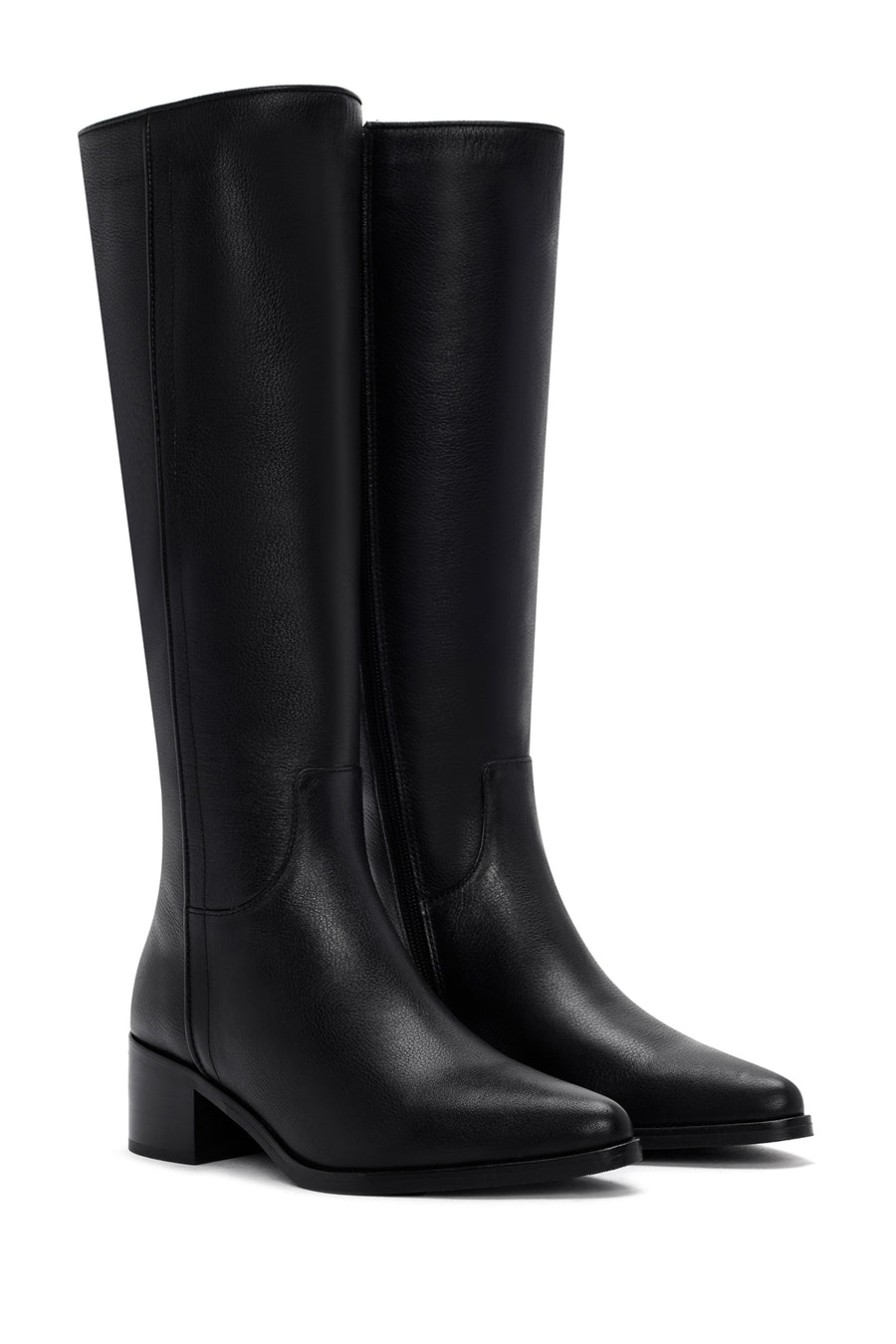 Woman Black Zip Closure Chunky Heeled Leather Boots