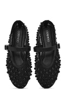 Women's Black Buckled Stoned Fishnet Ballerinas | Derimod