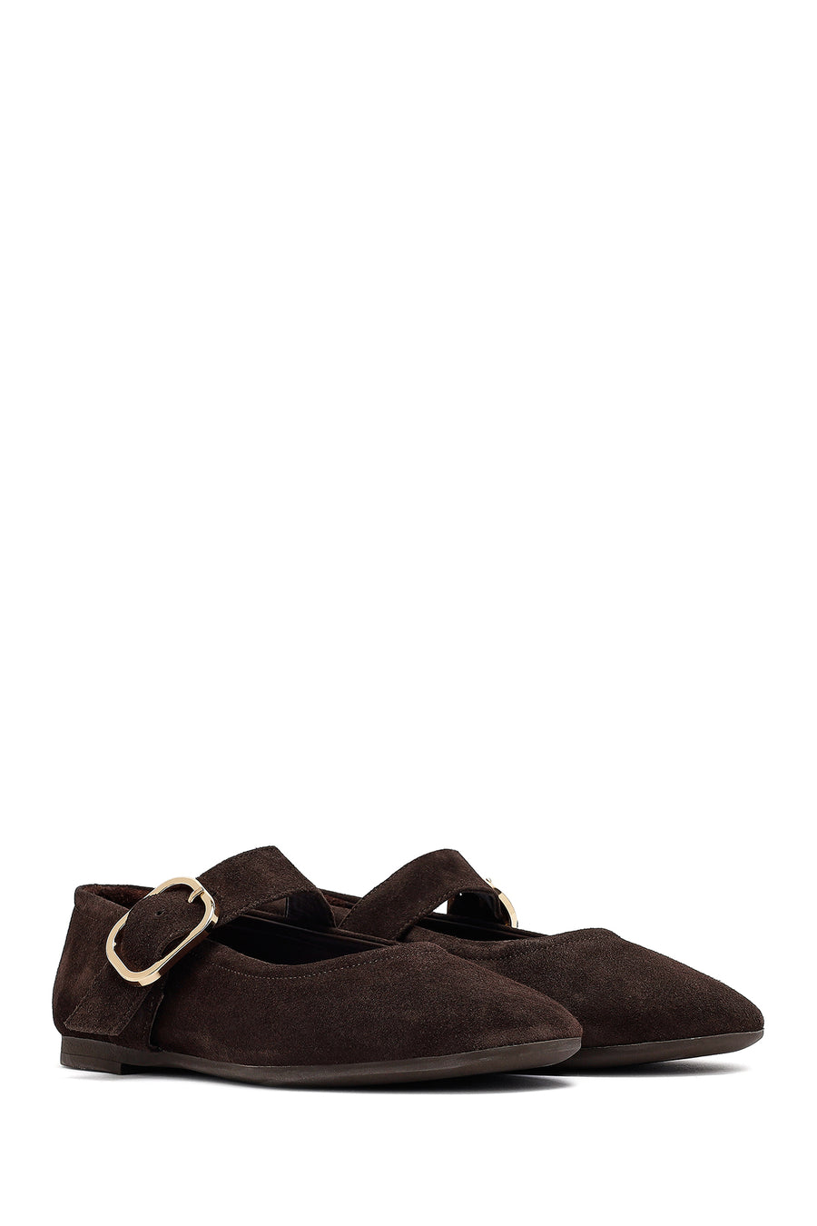Woman Brown Buckled Suede Leather Ballet Flat