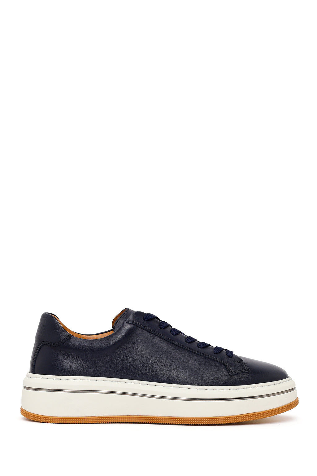 Erkek Lacivert Bağcıklı Kalın Tabanlı Deri Sneaker