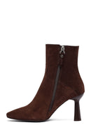 Woman Brown Zip Closure Thin-Heeled Suede Boots | Derimod