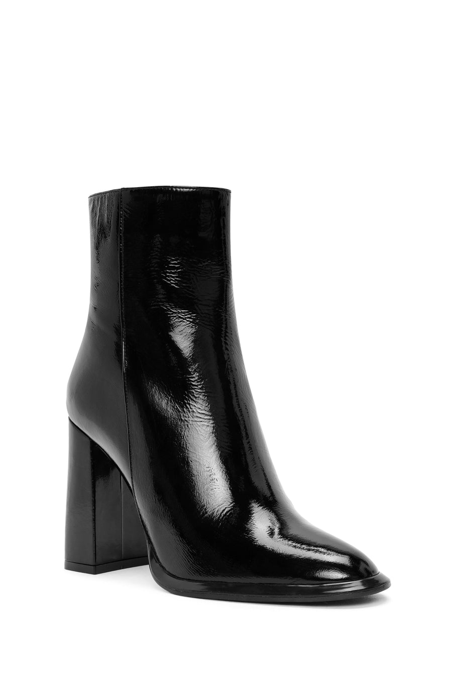 Woman Black Zippered High Thick Heel Patent Leather Leather Boat