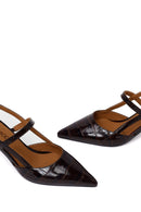 Woman Brown Open-Back Thin-Heeled Croc-Embossed Leather Shoes | Derimod