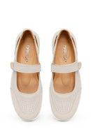 Woman Cream Strappy Leather Ballet Flat | Derimod
