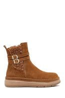 Woman Tan Zippered Suede Leather Teddy Bot | Derimod