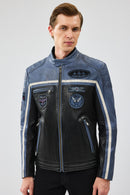 Takeoff Men's Blue Slim-Fit Leather Jacket | Derimod