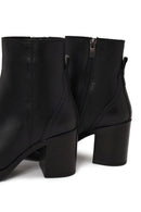 Woman Black Zip Closure Thick-Heeled Leather Boots | Derimod