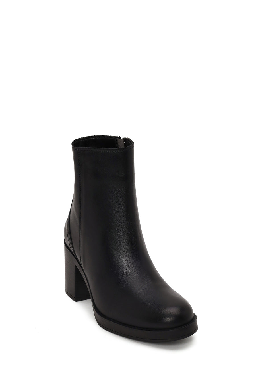 Woman Black Zip Closure Thick-Heeled Leather Boots