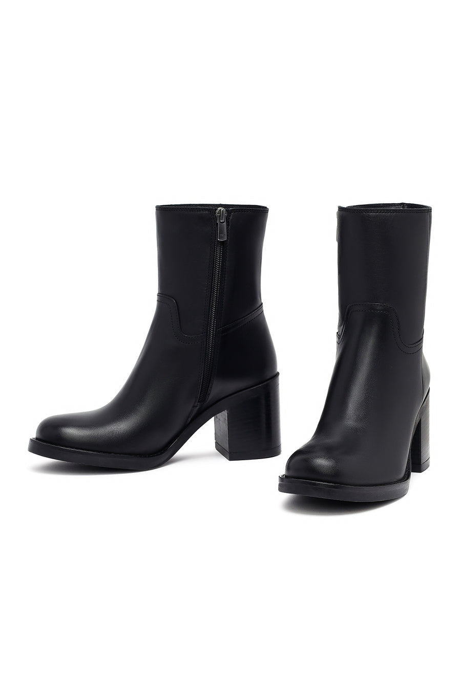 Women's Black Zippered Thick Heeled Leather Boot