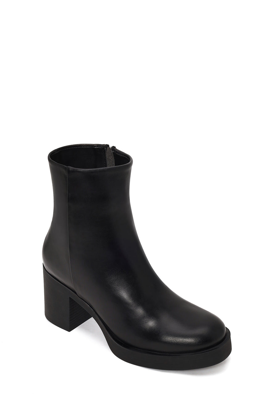 Woman Black Zip Closure Platform Chunky Heeled Leather Boots