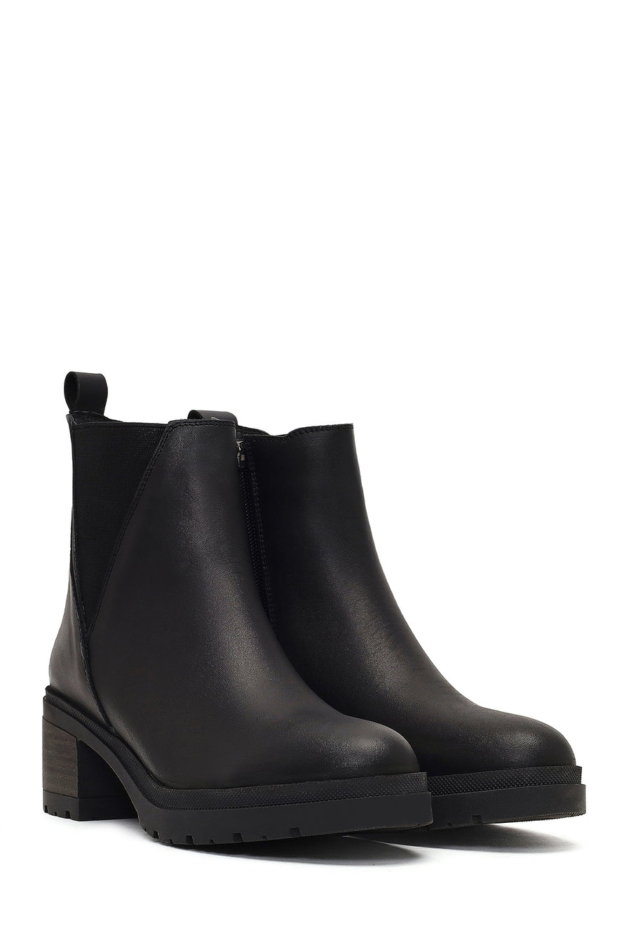 Women's Black Zippered Thick Heeled Leather Boot