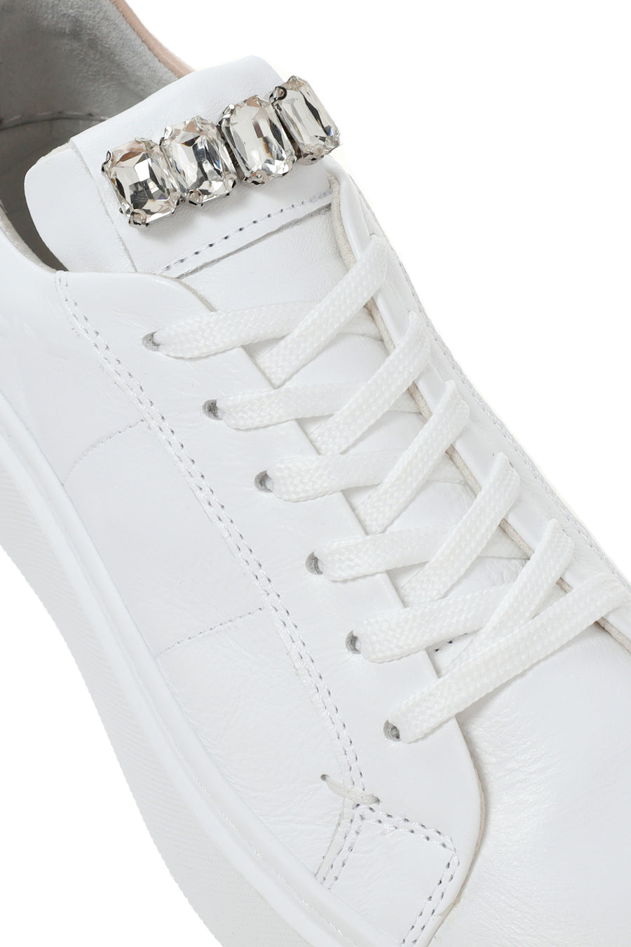 Women's White Laced Leather Sneaker with Accessory Detail