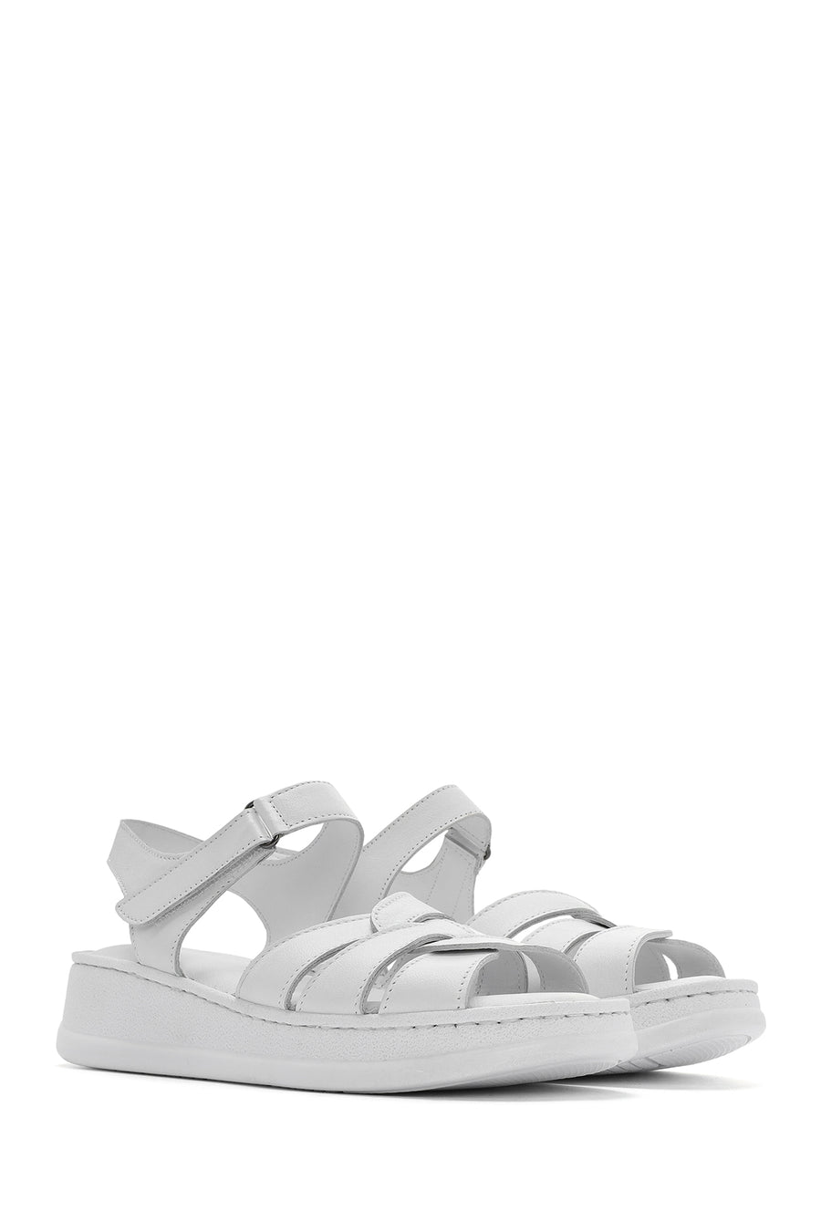 Women's White Strappy Thick Soled Leather Comfort Sandals