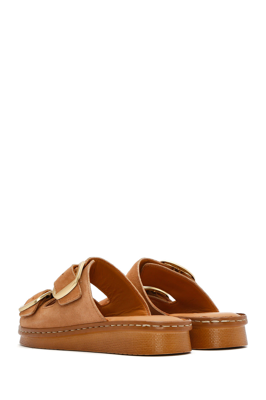 Women's Tan Buckle Suede Leather Comfort Slippers