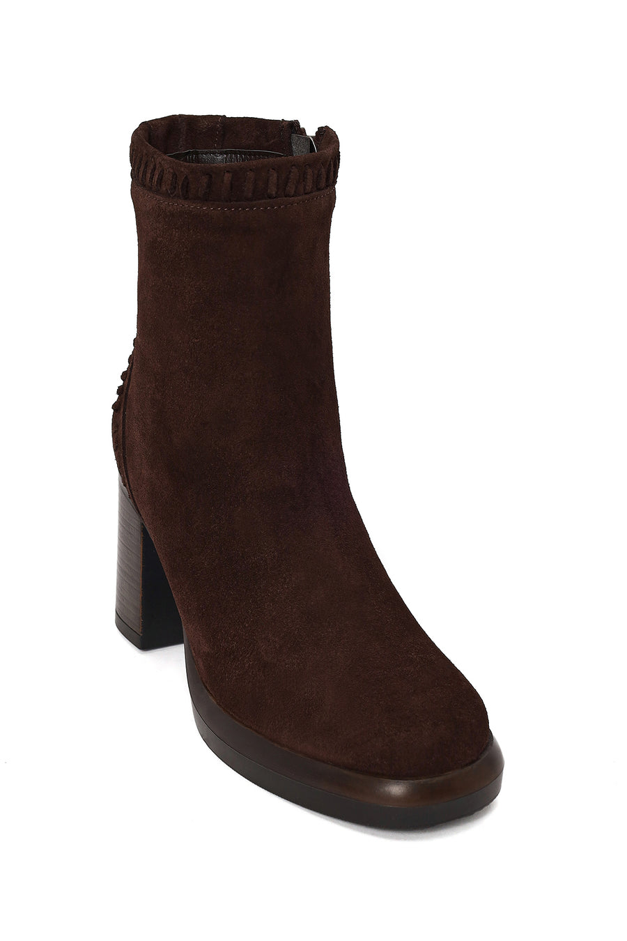 Woman Brown Zip Closure Chunky-Heeled Suede Leather Boots