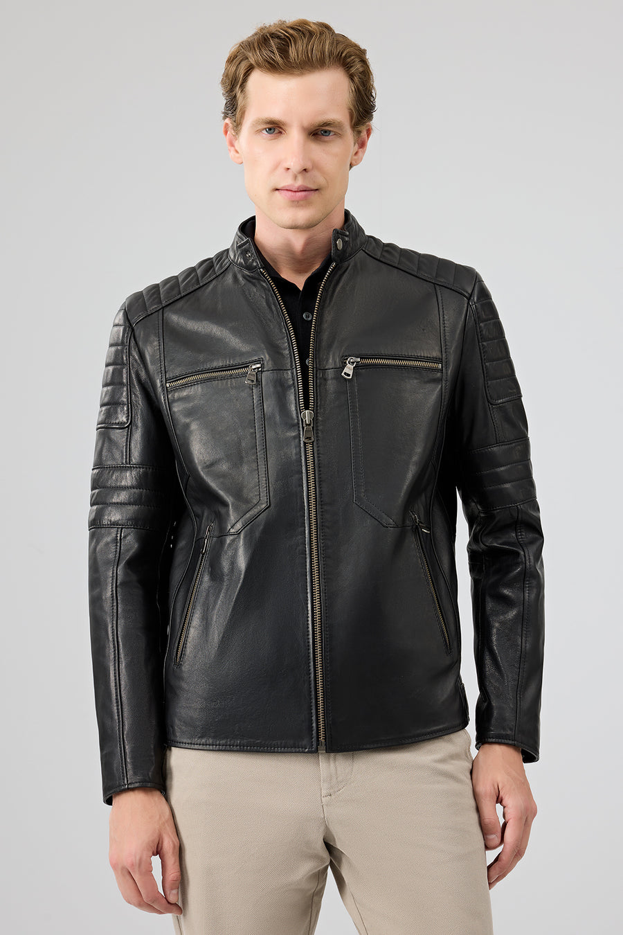 Morant Men's Black Mandarin Collar Leather Jacket