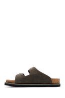 Men's Khaki Buckled Nubuck Leather Slippers | Derimod