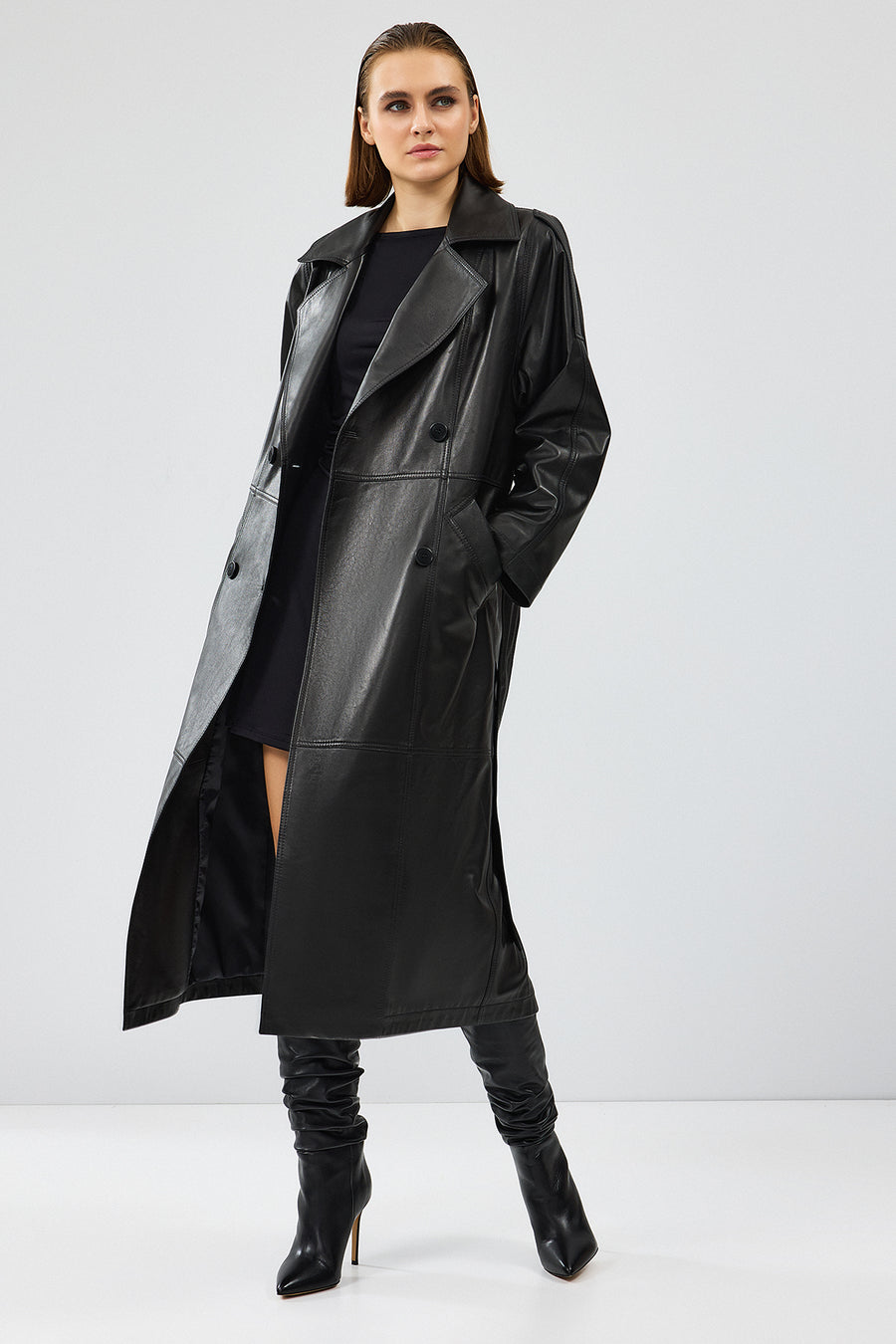 Nicole Women's Black Double Breasted Long Leather Trench Coat