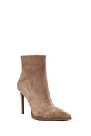 Woman Beige Zip Closure High Thin-Heeled Suede Boots | Derimod