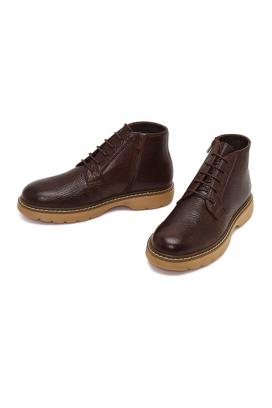 Men's Brown Lace-Up Zipper Leather Casual Boot