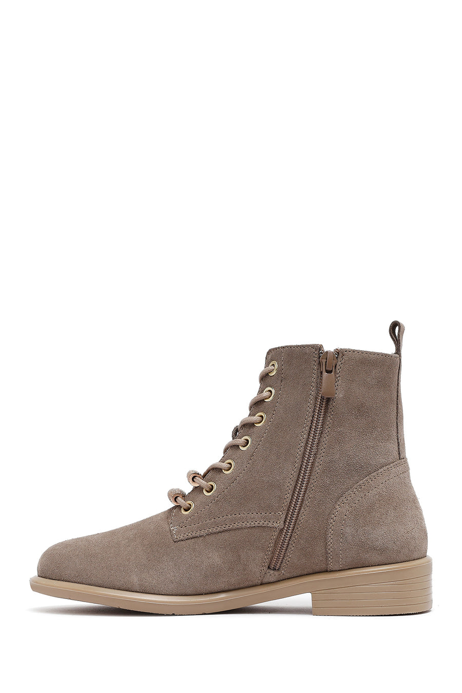 Woman Beige Lace-Up Zippered Suede Leather Boat
