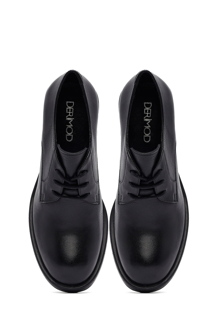 Woman Black Lace-Up Chunky Heeled Leather Masculine Shoes
