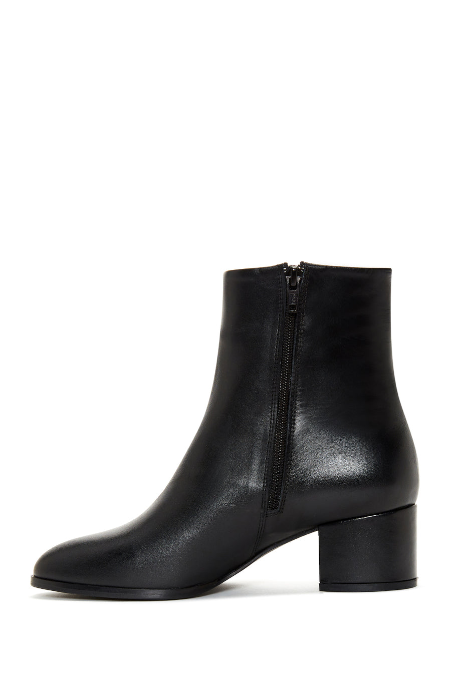 Women's Black Zippered Short Thick Heeled Leather Boots