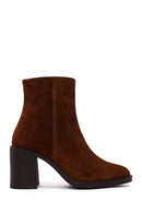 Woman Walnut Zip Closure Chunky Heeled Suede Boots | Derimod
