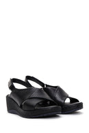 Women's Black Leather Wedge Heel Comfort Sandals | Derimod