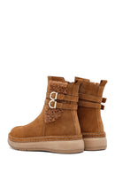 Woman Tan Zippered Suede Leather Teddy Bot | Derimod