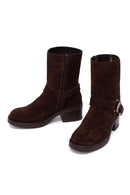 Woman Brown Zip Closure Chunky Heeled Suede Boots | Derimod