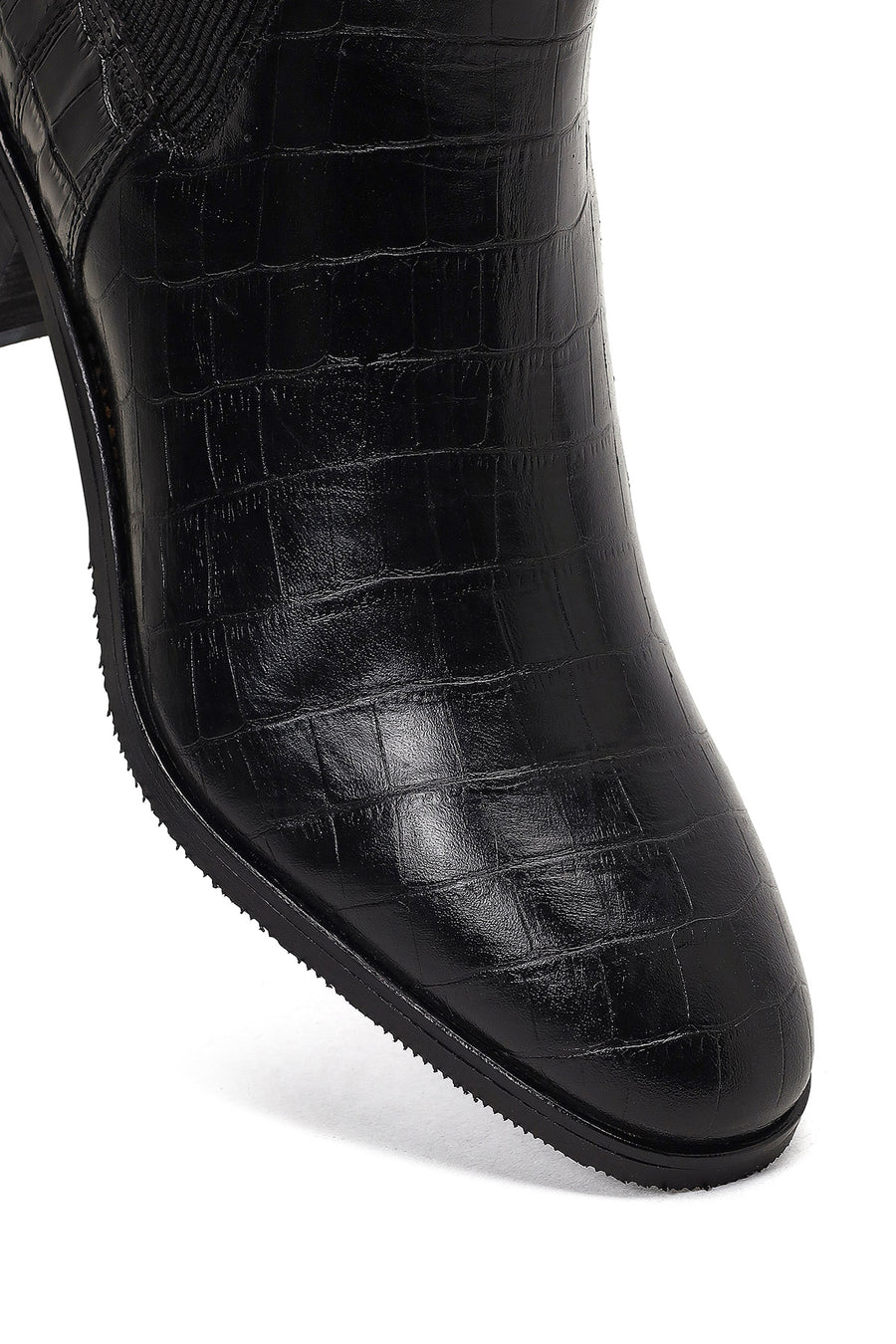 Women's Black Croco Patterned Short Thick Heel Leather Chelsea Boot