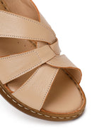 Woman Beige Wedge-Heeled Leather Comfort Sandal | Derimod