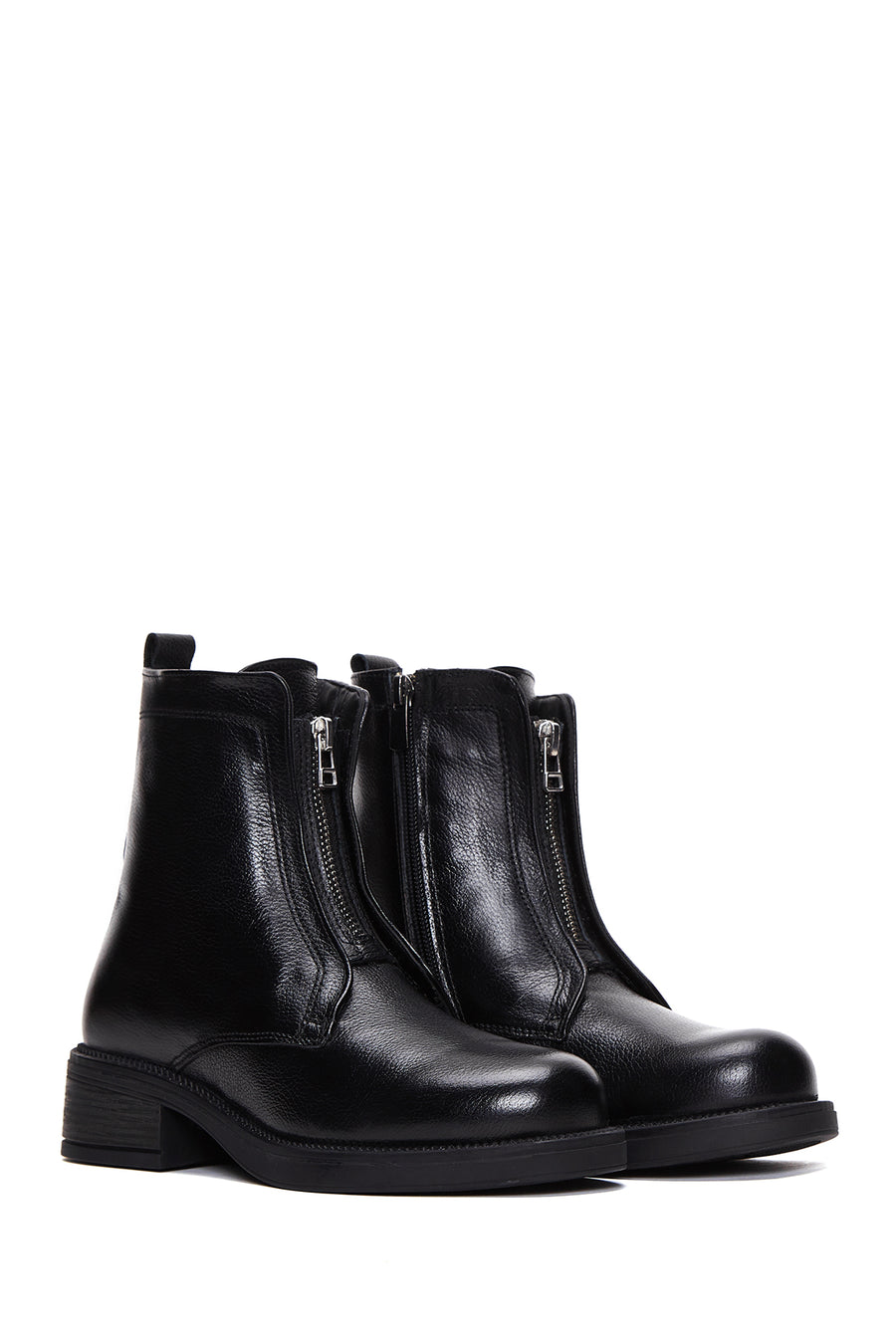 Women's Black Leather Zippered Casual Boots