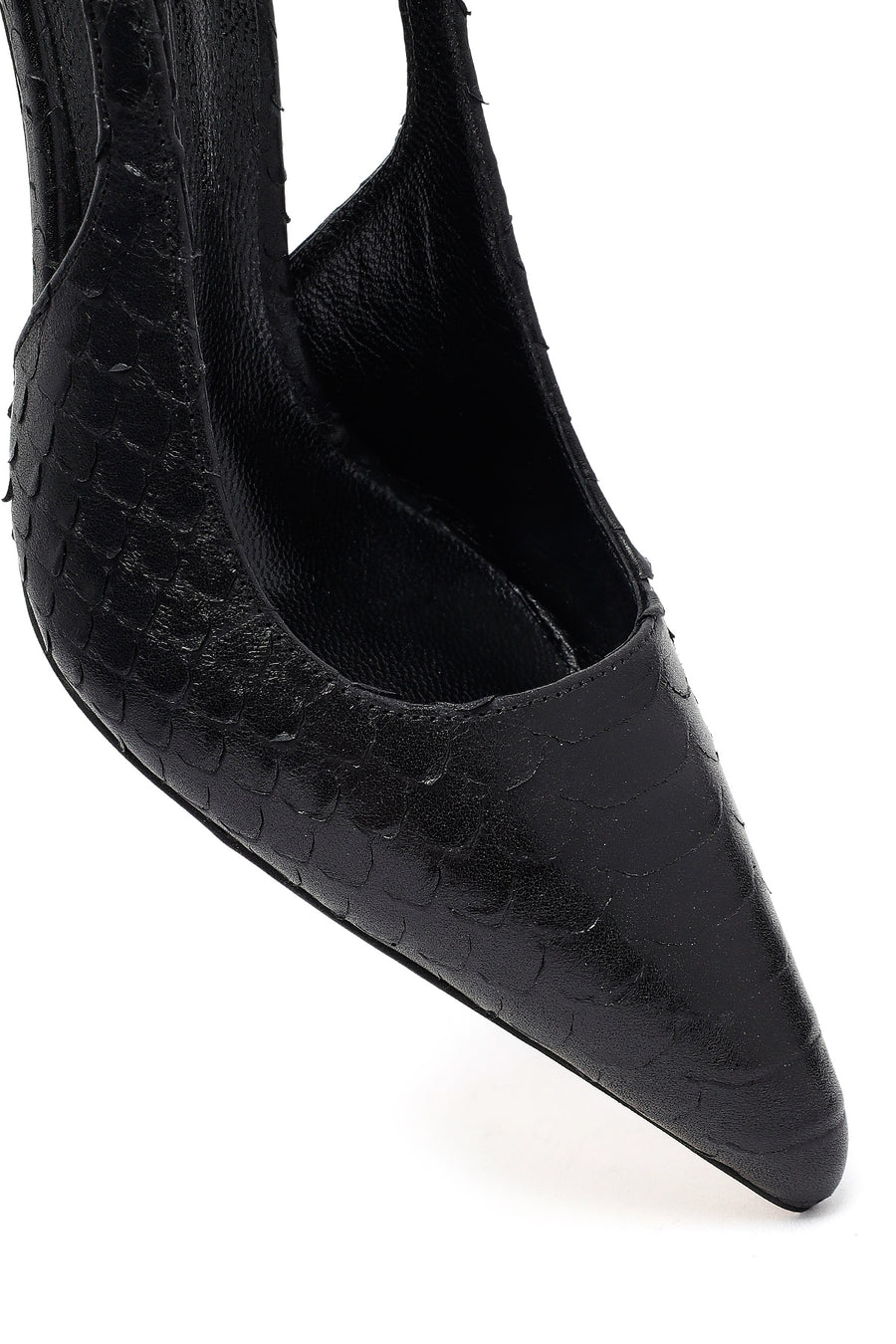 Woman Black Buckled Open Back Patterned Thin Heel Leather Shoe