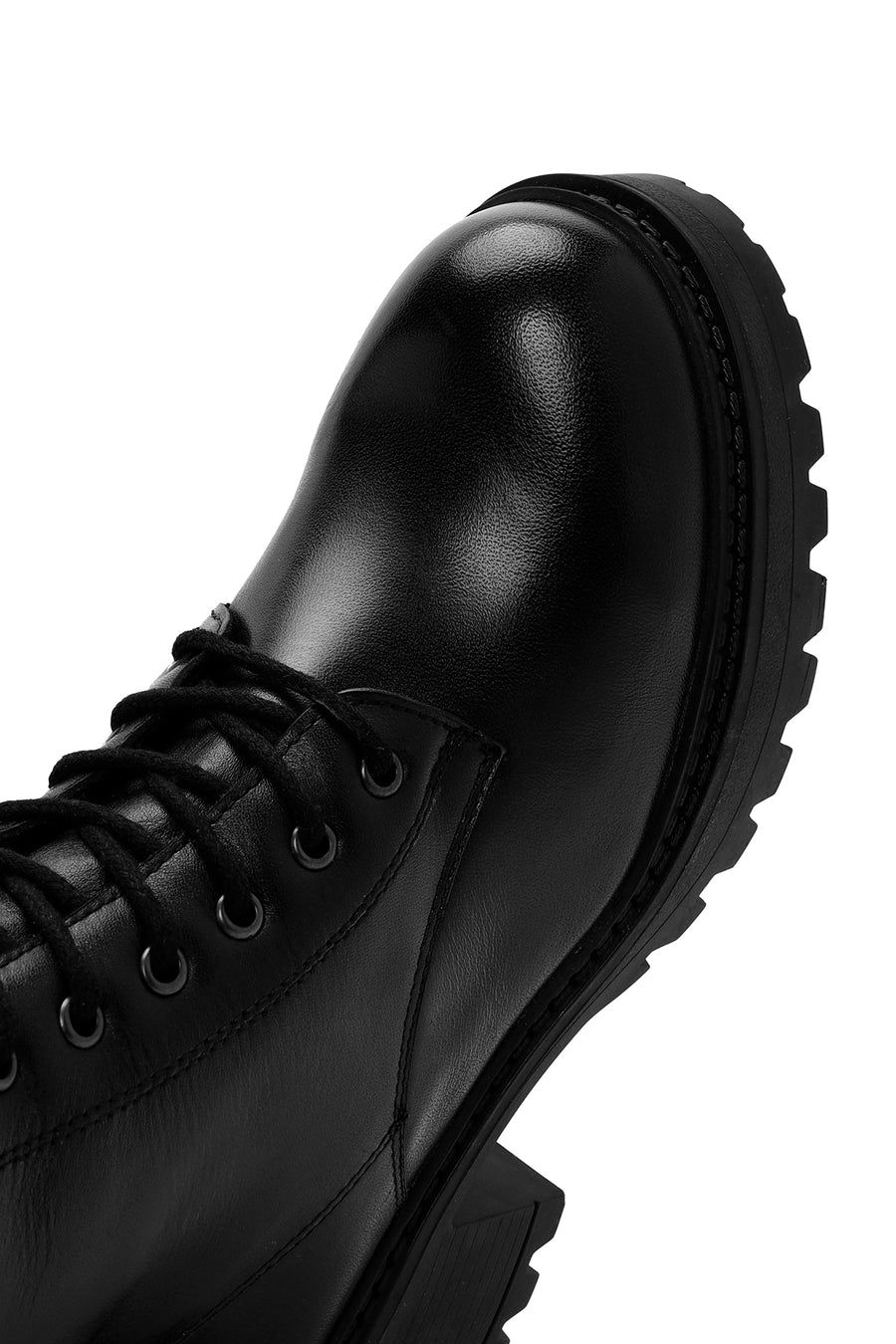 Women's Black Lace-Up Zipper Detailed Thick Heeled Leather Boots