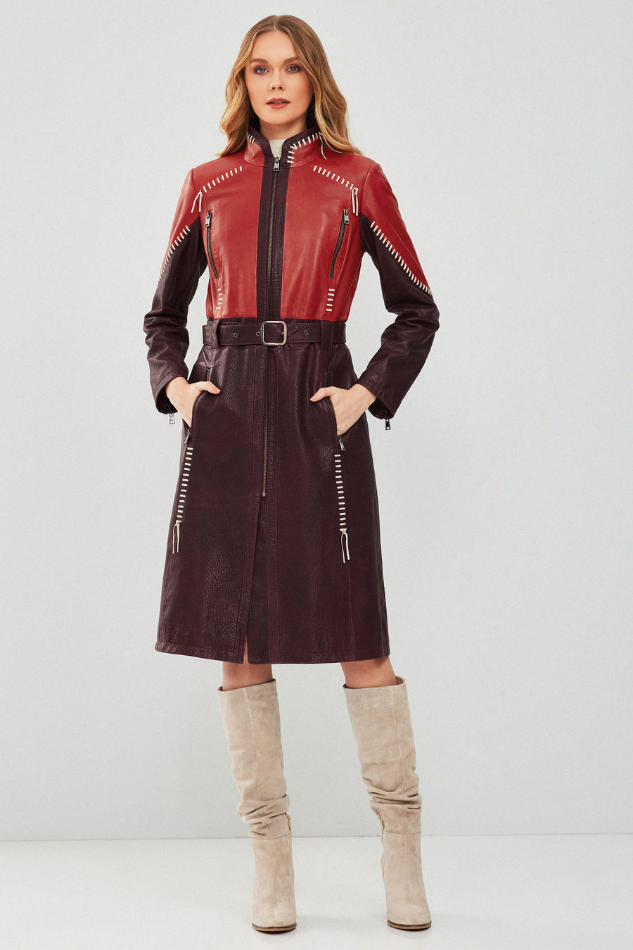 Carmen Women's Burgundy Leather Trench Coat