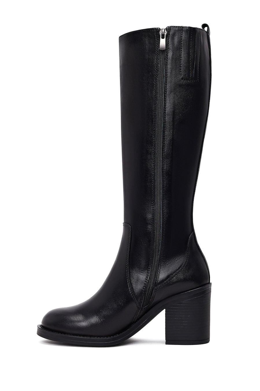 Woman Black Zip Closure Chunky Heeled Leather Boots