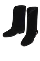 Woman Black Buckled Short Thick-Heeled Suede Boot | Derimod