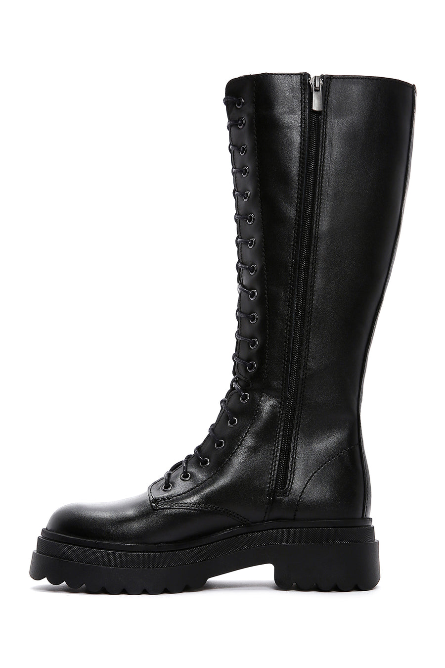 Women's Black Zippered Laced Flat Leather Boots