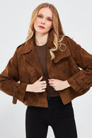 Tracy Women's Brown Short Suede Leather Coat | Derimod