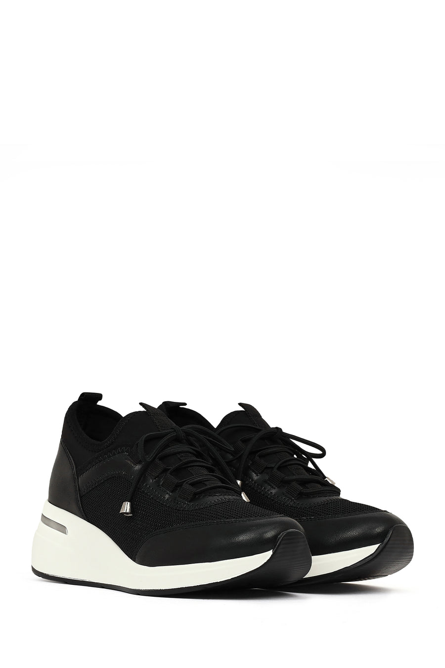 Women's Black Lace-Up Wedge Heel Sneakers