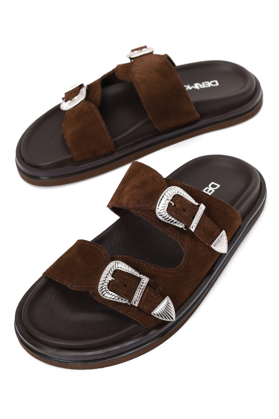 Woman Brown Double-Buckle Suede Slipper
