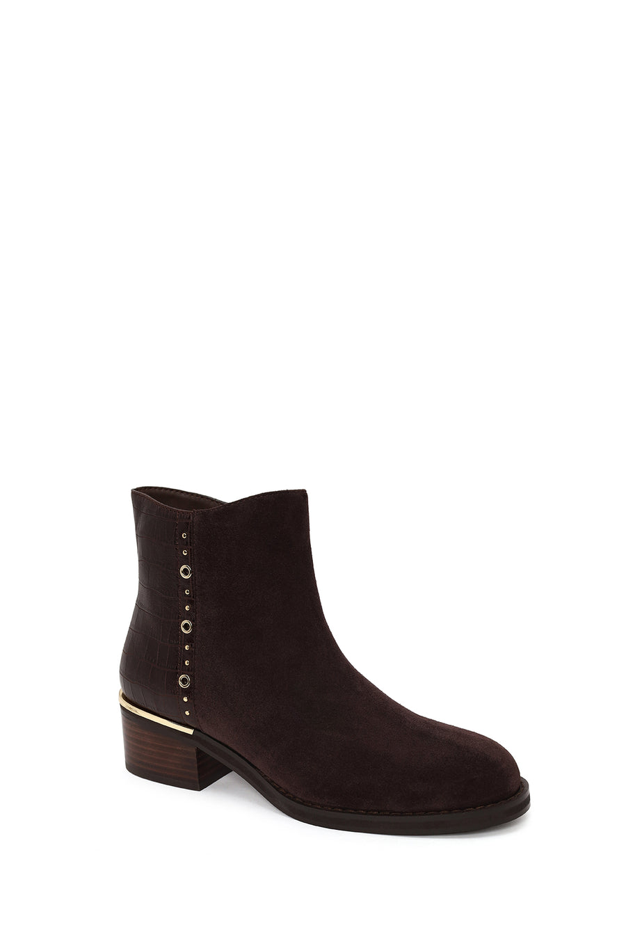 Woman Brown Zip Closure Crocodile Pattern Chunky Heeled Suede Boots