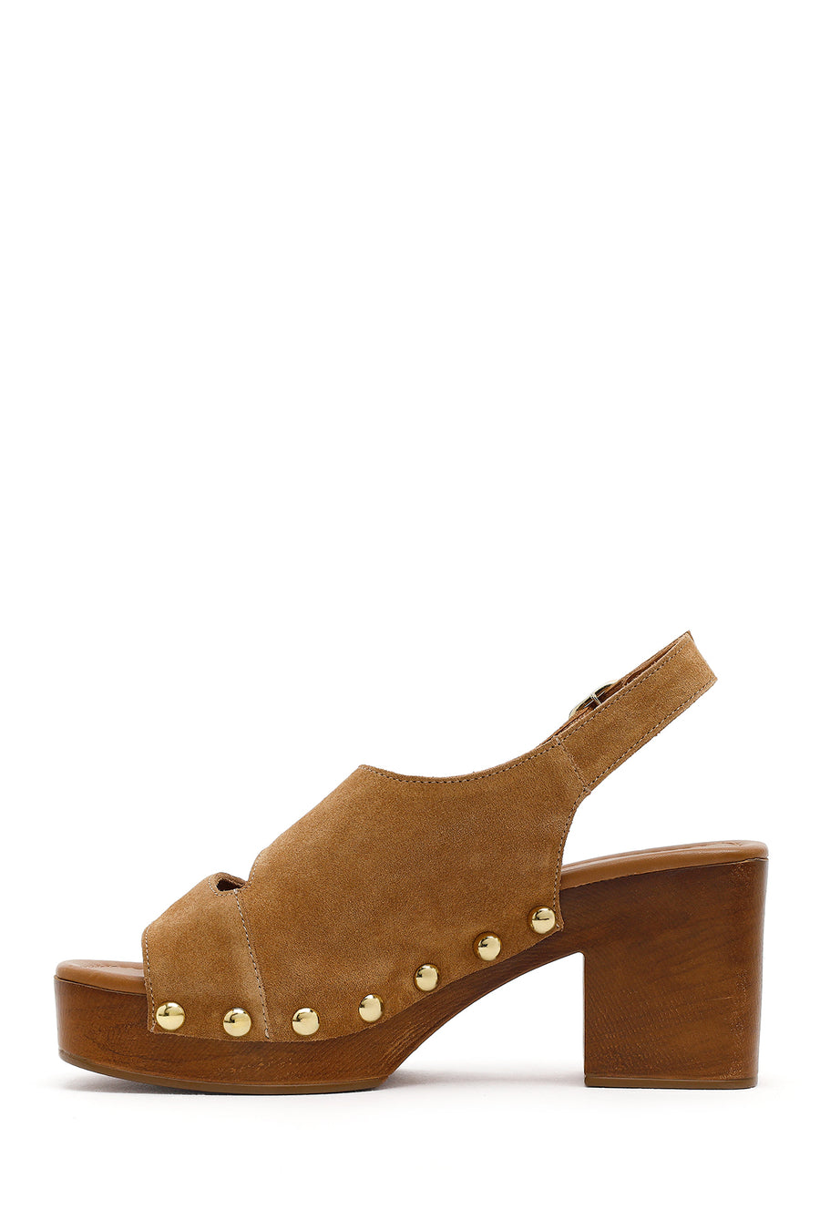 Women's Tan Suede Leather Sandals with Buckle Back and Platform Heel