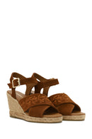 Woman Tan Ankle Buckled Wedge Heel Suede Espadrilles Sandal | Derimod