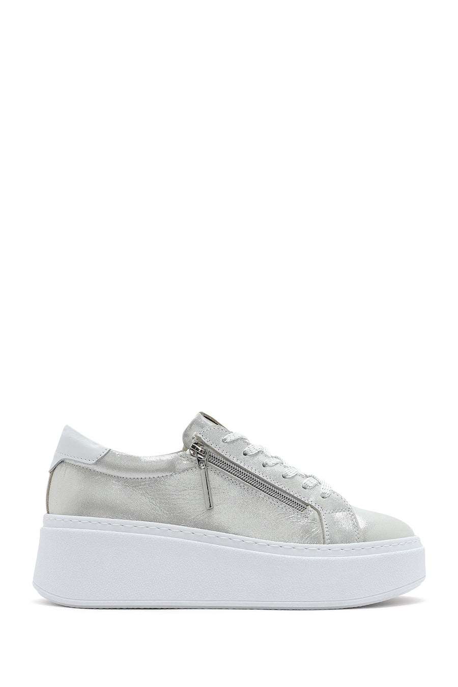 Kadın Gümüş Kalın Tabanlı Yandan Fermuarlı Deri Sneaker 25SFD3702SM | Derimod