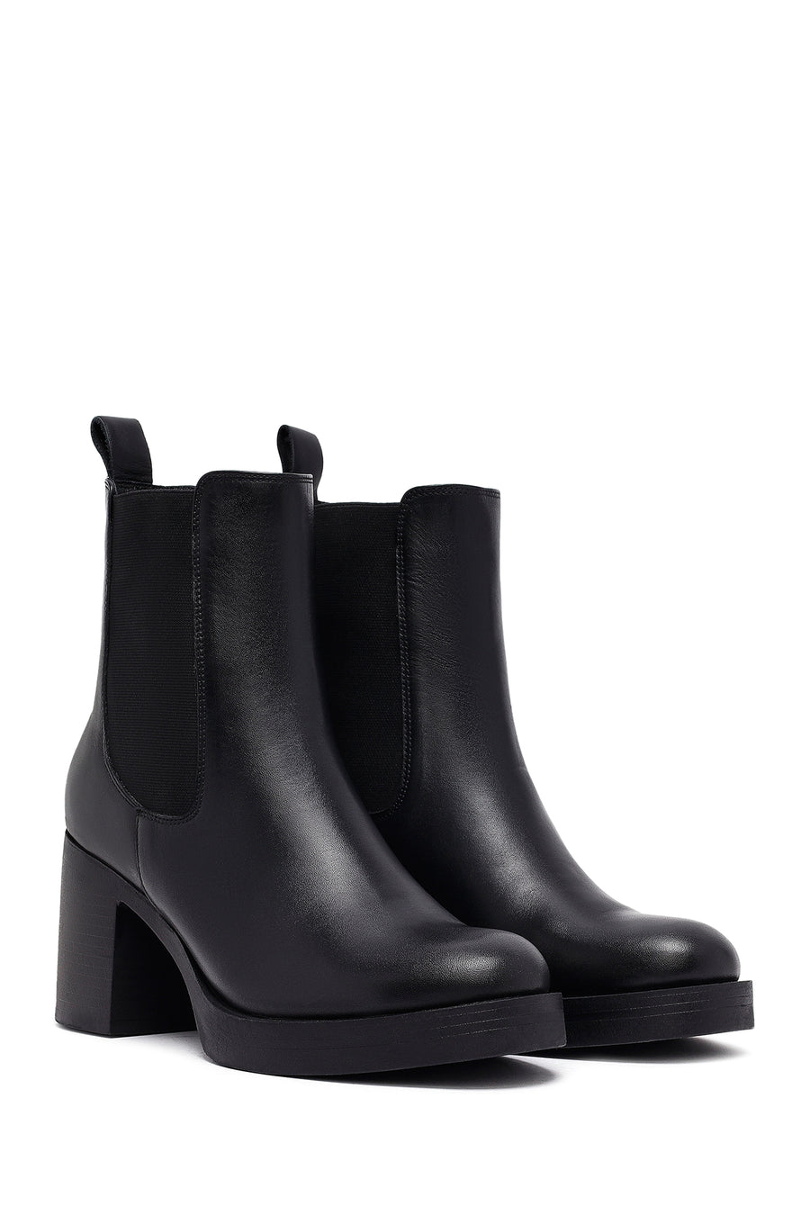 Woman Black Chunky Heels Leather Chelsea Boots